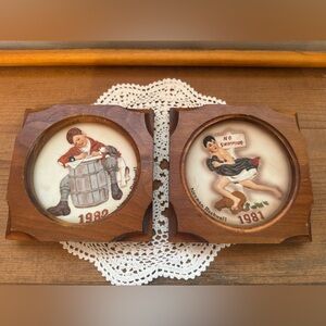 Set of 2 Vintage Wooden Framed Relief Plaques - Boy Motifs